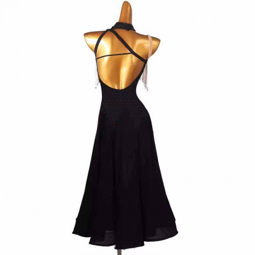 Black competition ballroom dance dresses for women girls slant neck tango waltz dancing long gown for girls female
